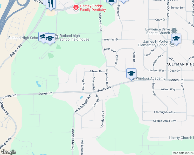 map of restaurants, bars, coffee shops, grocery stores, and more near 6412 Gibson Road in Macon