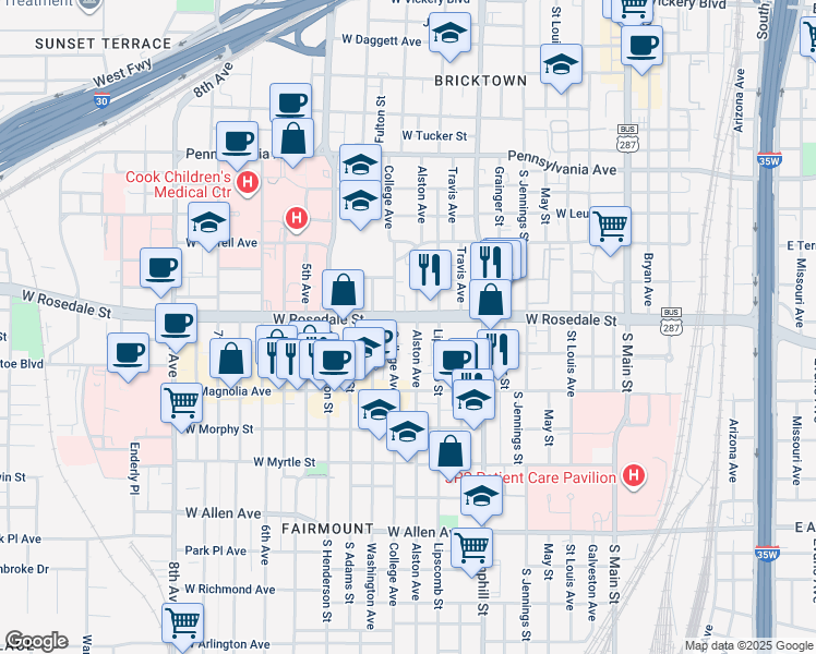 map of restaurants, bars, coffee shops, grocery stores, and more near 1106 Alston Avenue in Fort Worth