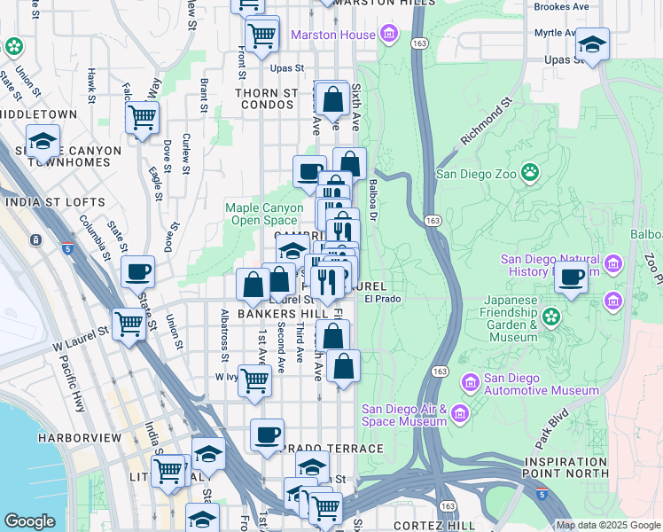 map of restaurants, bars, coffee shops, grocery stores, and more near 2604 Fifth Avenue in San Diego