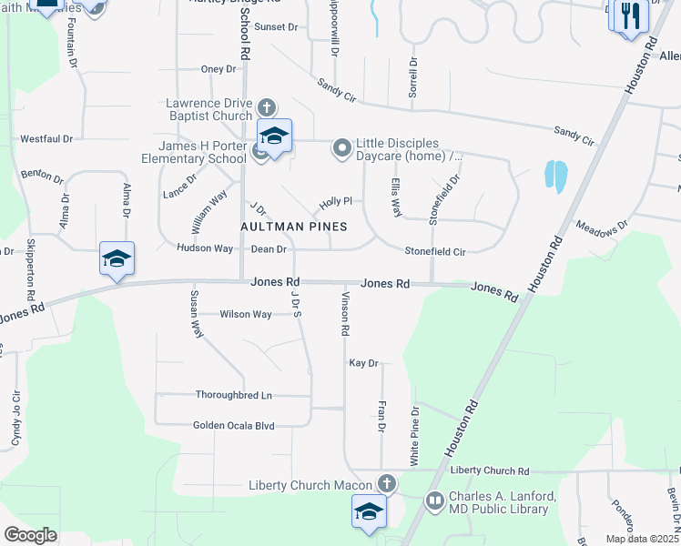 map of restaurants, bars, coffee shops, grocery stores, and more near 3703 Jones Rd in Macon