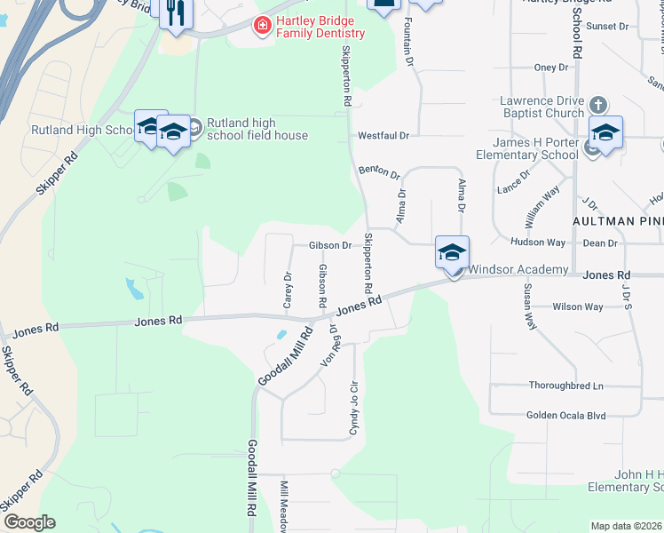 map of restaurants, bars, coffee shops, grocery stores, and more near 6412 Gibson Road in Macon