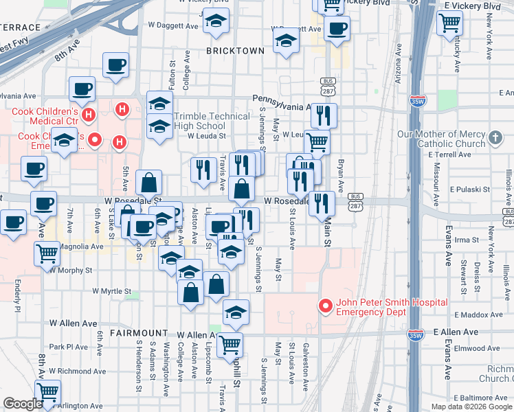 map of restaurants, bars, coffee shops, grocery stores, and more near 501 West Rosedale Street in Fort Worth