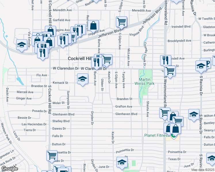 map of restaurants, bars, coffee shops, grocery stores, and more near 1228 Olden Street in Dallas