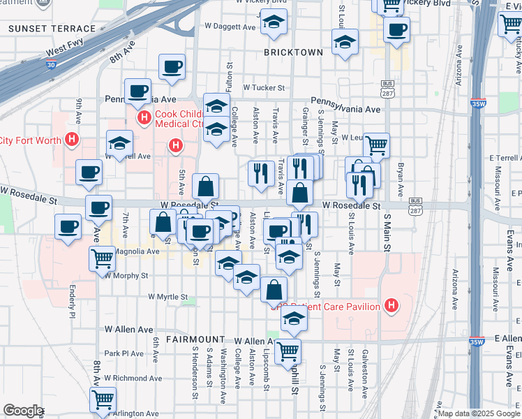 map of restaurants, bars, coffee shops, grocery stores, and more near 901 West Rosedale Street in Fort Worth