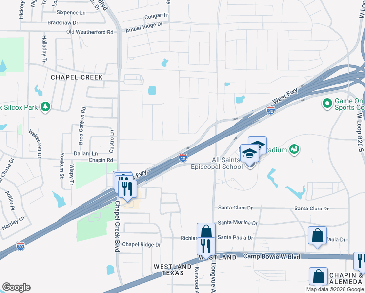 map of restaurants, bars, coffee shops, grocery stores, and more near 9904 West Freeway in Fort Worth