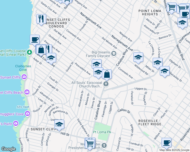 map of restaurants, bars, coffee shops, grocery stores, and more near 1499 Venice Street in San Diego