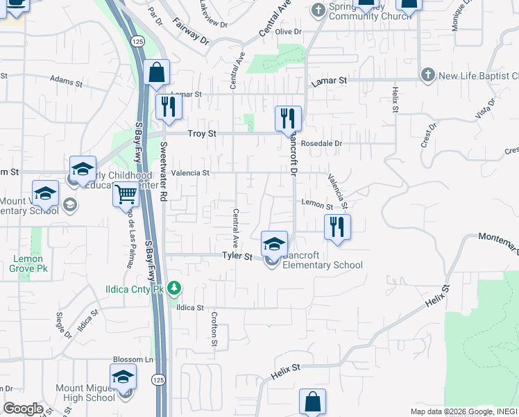 map of restaurants, bars, coffee shops, grocery stores, and more near 2561 Central Avenue in Spring Valley