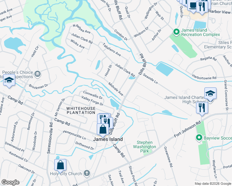 map of restaurants, bars, coffee shops, grocery stores, and more near 1201 Midvale Avenue in Charleston