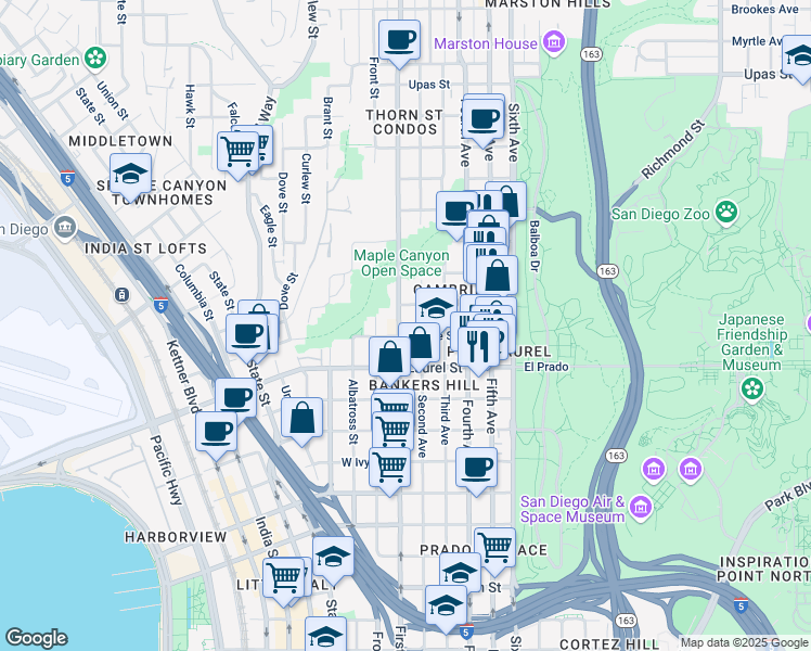 map of restaurants, bars, coffee shops, grocery stores, and more near 2621 First Avenue in San Diego