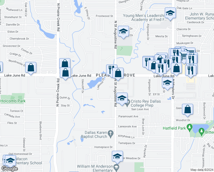 map of restaurants, bars, coffee shops, grocery stores, and more near 9503 Macomba Court in Dallas
