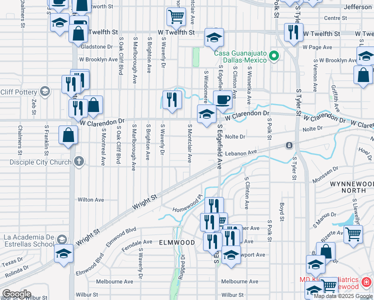 map of restaurants, bars, coffee shops, grocery stores, and more near 1227 South Montclair Avenue in Dallas