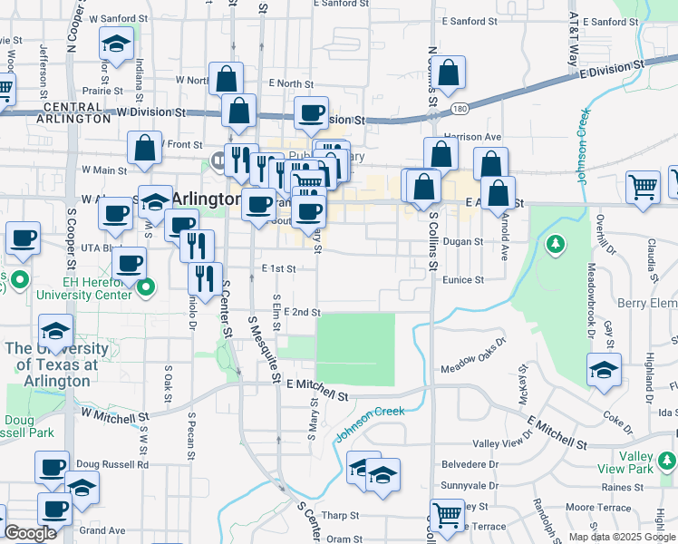 map of restaurants, bars, coffee shops, grocery stores, and more near 500 East Border Street in Arlington