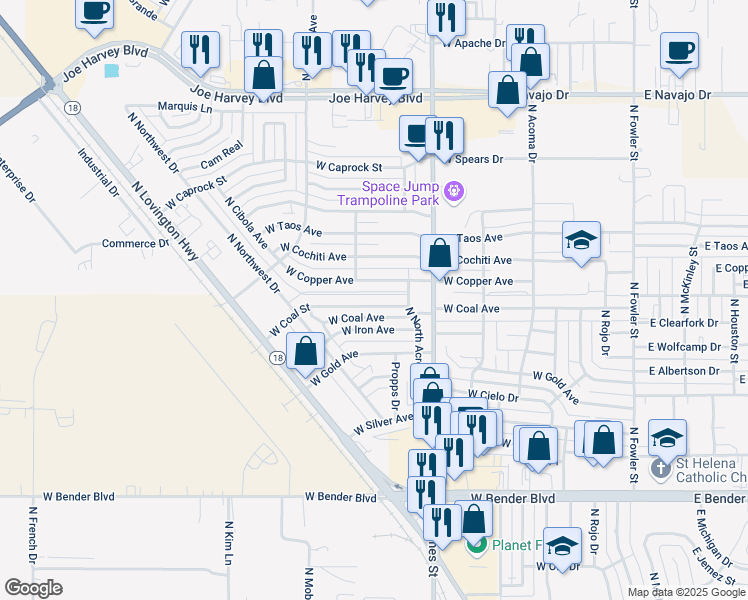 map of restaurants, bars, coffee shops, grocery stores, and more near 1008 West Coal Avenue in Hobbs