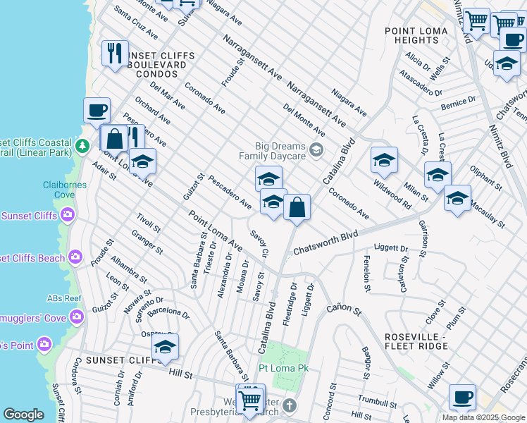 map of restaurants, bars, coffee shops, grocery stores, and more near 1499 Savoy Circle in San Diego