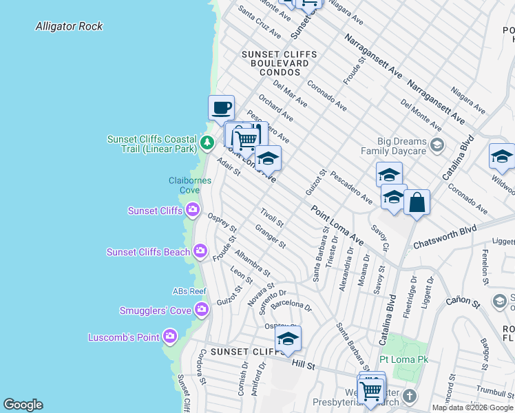 map of restaurants, bars, coffee shops, grocery stores, and more near 4581 Adair Street in San Diego