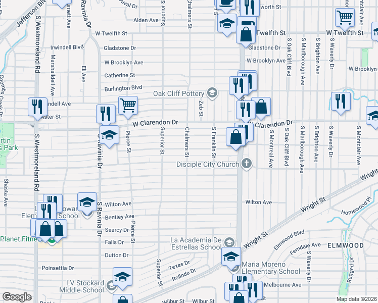 map of restaurants, bars, coffee shops, grocery stores, and more near 2536 Emmett Street in Dallas