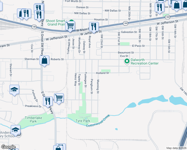 map of restaurants, bars, coffee shops, grocery stores, and more near 802 Manning Street in Grand Prairie