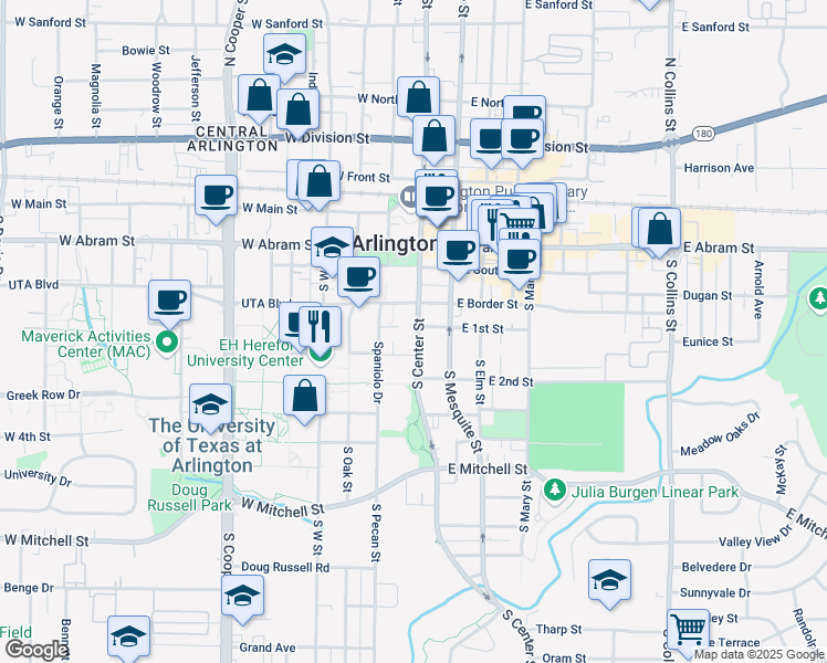 map of restaurants, bars, coffee shops, grocery stores, and more near 407 South Center Street in Arlington