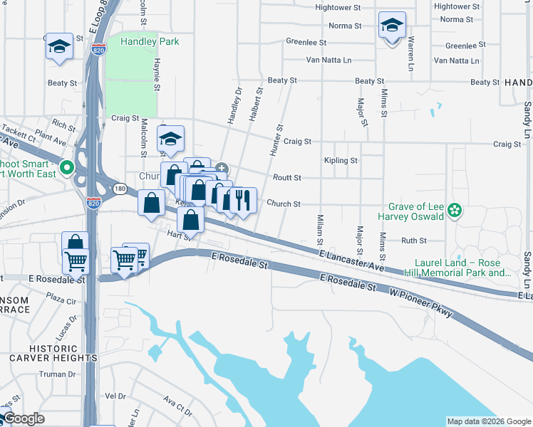 map of restaurants, bars, coffee shops, grocery stores, and more near 3111 Hunter Street in Fort Worth
