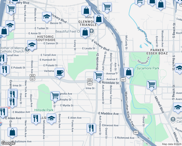 map of restaurants, bars, coffee shops, grocery stores, and more near 1016 South Riverside Drive in Fort Worth