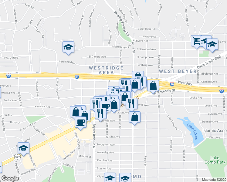 map of restaurants, bars, coffee shops, grocery stores, and more near 5805 Malvey Avenue in Fort Worth