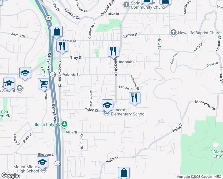 map of restaurants, bars, coffee shops, grocery stores, and more near 8920 King Michael Court in Spring Valley