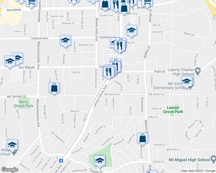 map of restaurants, bars, coffee shops, grocery stores, and more near 2515 Lemon Grove Avenue in Lemon Grove