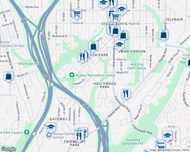 map of restaurants, bars, coffee shops, grocery stores, and more near 2520 Snowdrop Street in San Diego