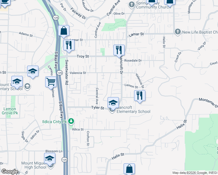 map of restaurants, bars, coffee shops, grocery stores, and more near 2561 Central Avenue in Spring Valley