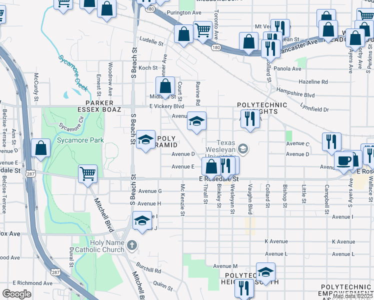 map of restaurants, bars, coffee shops, grocery stores, and more near 1100 Nashville Avenue in Fort Worth
