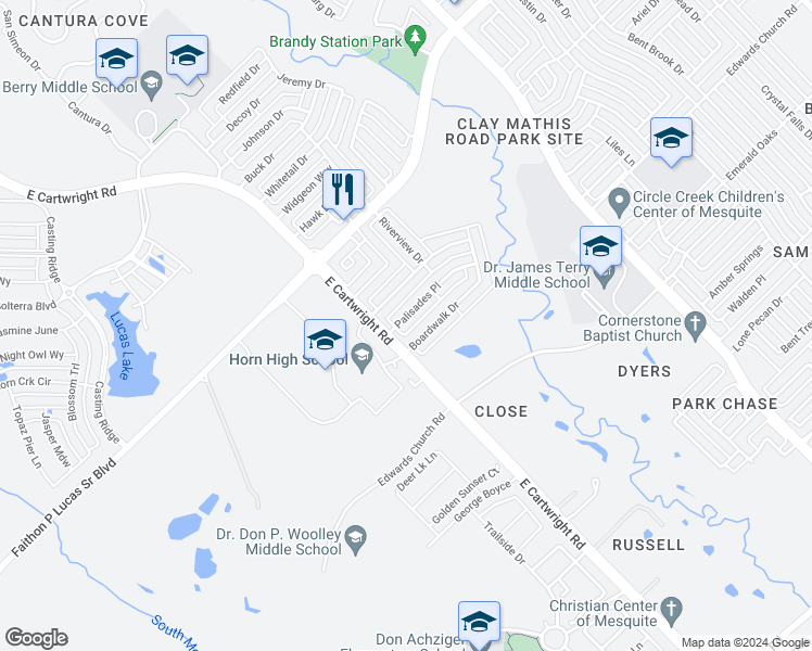 map of restaurants, bars, coffee shops, grocery stores, and more near 2614 Palisades Place in Mesquite