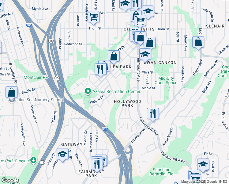 map of restaurants, bars, coffee shops, grocery stores, and more near 4196 Sycamore Drive in San Diego