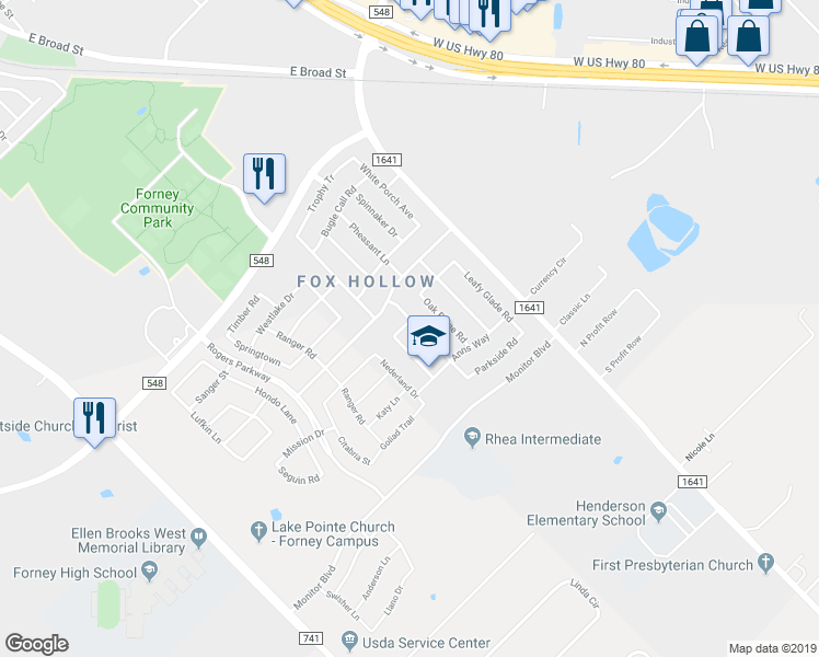 map of restaurants, bars, coffee shops, grocery stores, and more near 1114 Woods Road in Forney