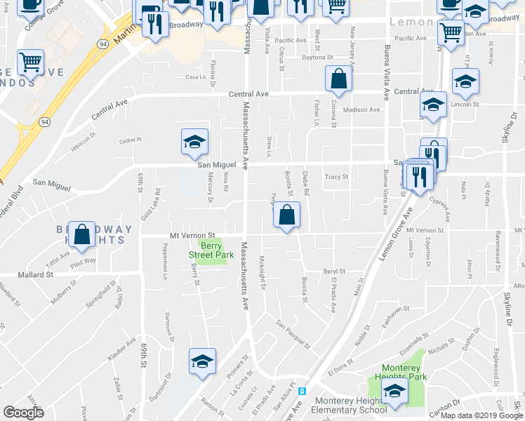 map of restaurants, bars, coffee shops, grocery stores, and more near 2499 Mcknight Drive in Lemon Grove