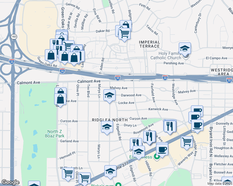 map of restaurants, bars, coffee shops, grocery stores, and more near 6444 Darwood Avenue in Fort Worth