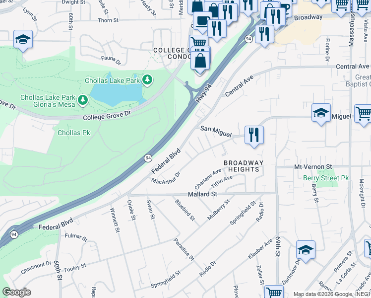 map of restaurants, bars, coffee shops, grocery stores, and more near 6576 Macarthur Drive in Lemon Grove