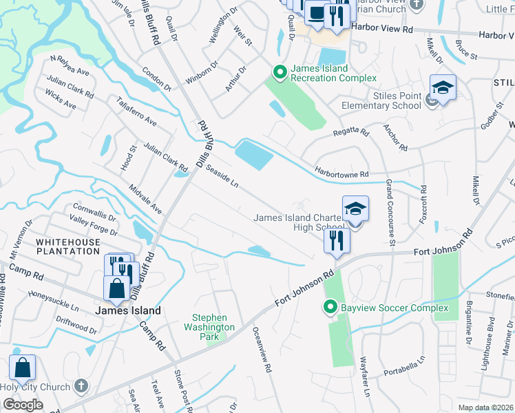map of restaurants, bars, coffee shops, grocery stores, and more near 1068 Seaside Lane in Charleston