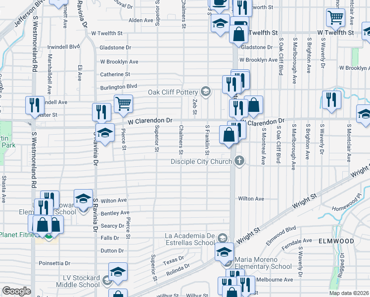 map of restaurants, bars, coffee shops, grocery stores, and more near 2536 Emmett Street in Dallas