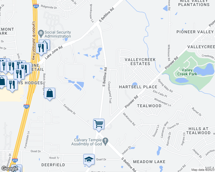 map of restaurants, bars, coffee shops, grocery stores, and more near 2557 Pioneer Bluffs Road in Balch Springs
