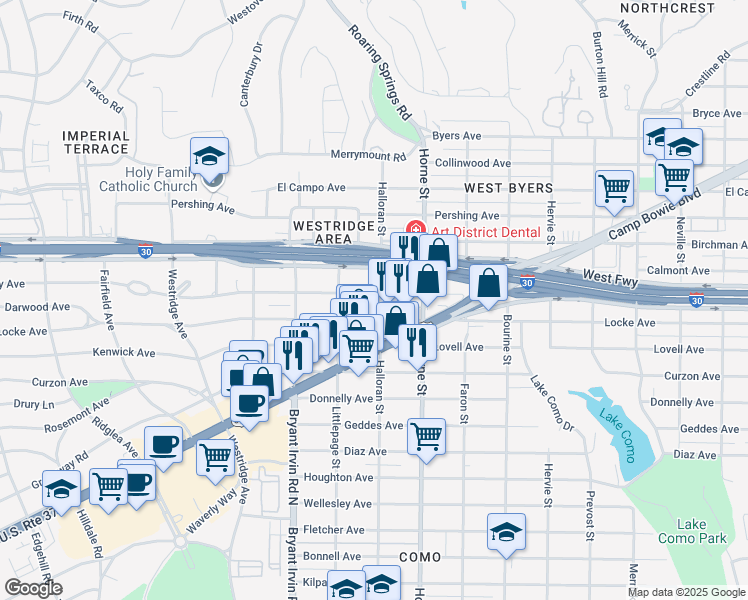 map of restaurants, bars, coffee shops, grocery stores, and more near 5805 Malvey Avenue in Fort Worth