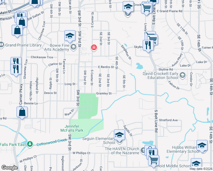 map of restaurants, bars, coffee shops, grocery stores, and more near 1013 Southeast 3rd Street in Grand Prairie