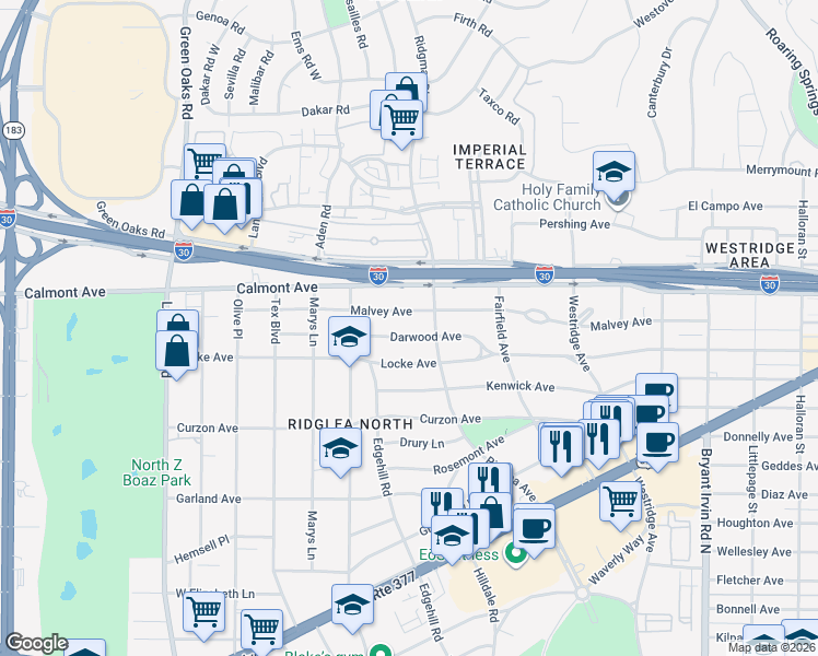 map of restaurants, bars, coffee shops, grocery stores, and more near 6416 Darwood Avenue in Fort Worth