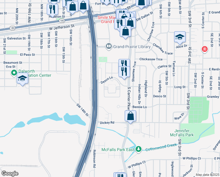 map of restaurants, bars, coffee shops, grocery stores, and more near 915 Desco Lane in Grand Prairie