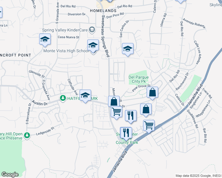 map of restaurants, bars, coffee shops, grocery stores, and more near 10203 Moorpark Street in Spring Valley