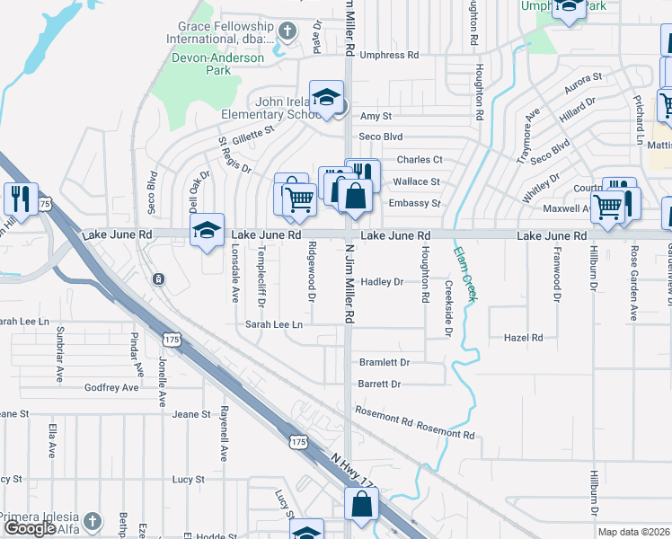 map of restaurants, bars, coffee shops, grocery stores, and more near 1215 North Jim Miller Road in Dallas