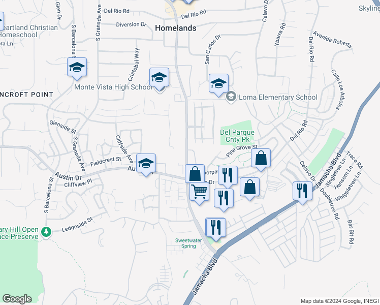 map of restaurants, bars, coffee shops, grocery stores, and more near 10203 Moorpark Street in Spring Valley