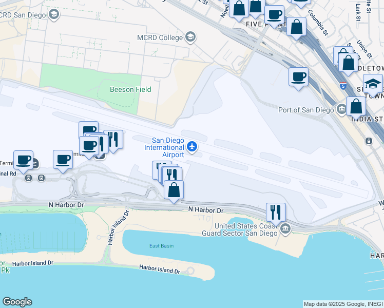 map of restaurants, bars, coffee shops, grocery stores, and more near Harbor Island Drive in San Diego