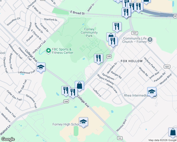 map of restaurants, bars, coffee shops, grocery stores, and more near 335 South Farm to Market 548 in Forney