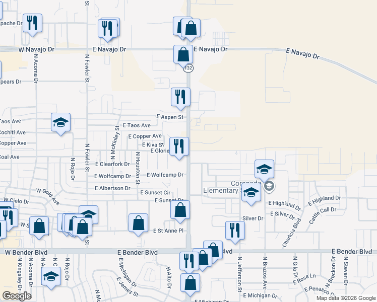 map of restaurants, bars, coffee shops, grocery stores, and more near East Glorietta Drive in Hobbs