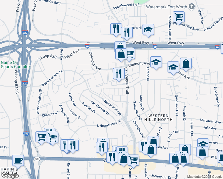 map of restaurants, bars, coffee shops, grocery stores, and more near 8716 Las Vegas Court in Fort Worth